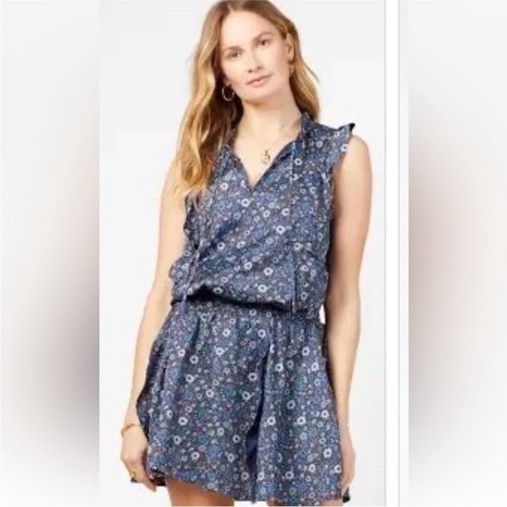 Outerknown blue floral smocked waist ruffle dress size medium NWT